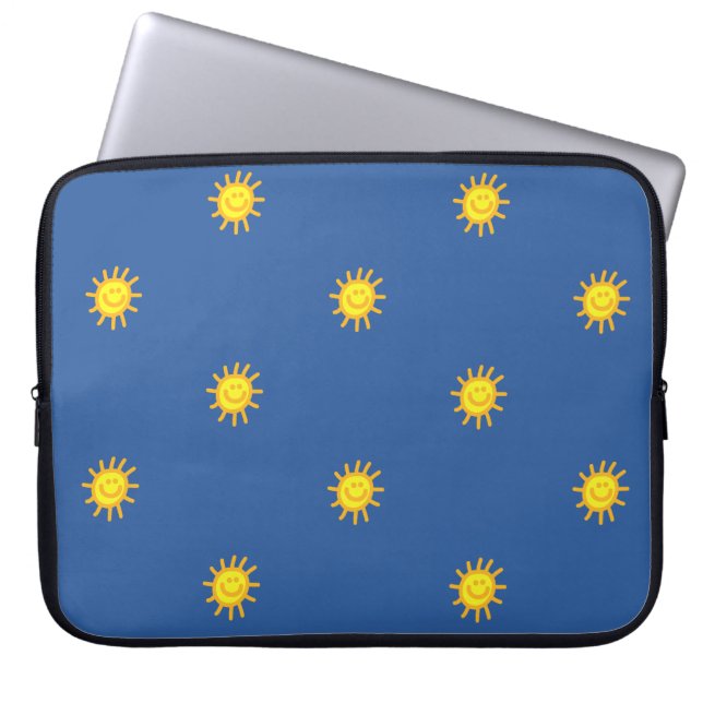 Cute Happy Face Sunshine Sun Pattern Blue Modern Laptop Sleeve (Voorkant)