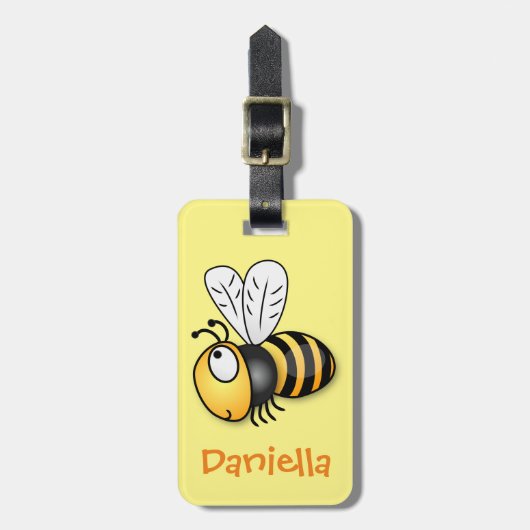 Cute happy fly bee yellow cartoon illustratie bagagelabel (Voorkant verticaal)