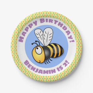 Cute happy fly bee yellow cartoon illustratie papieren bordje