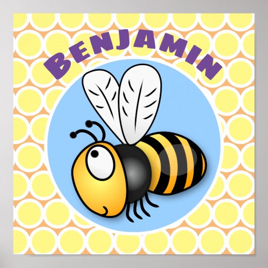 Cute happy fly bee yellow cartoon illustratie poster (Voorkant)