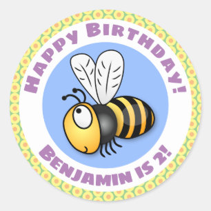Cute happy fly bee yellow cartoon illustratie ronde sticker