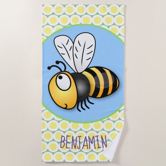 Cute happy fly bee yellow cartoon illustratie strandlaken (Voorkant)