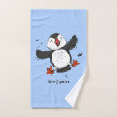 Cute happy fly puffin blue cartoon illustratie bad handdoek (Handdoek)