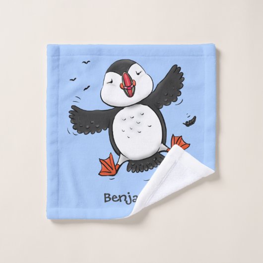 Cute happy fly puffin blue cartoon illustratie bad handdoek (Wasdoekje)