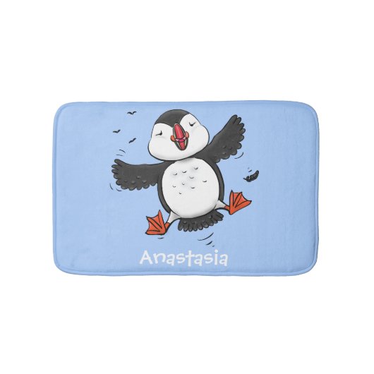 Cute happy fly puffin blue cartoon illustratie badmat (Voorkant)