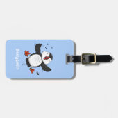 Cute happy fly puffin blue cartoon illustratie bagagelabel (Voorkant horizontaal)