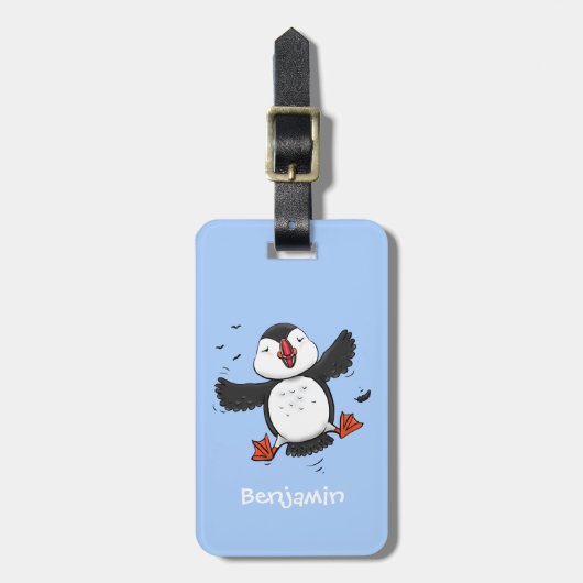 Cute happy fly puffin blue cartoon illustratie bagagelabel (Voorkant verticaal)