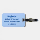 Cute happy fly puffin blue cartoon illustratie bagagelabel (Achterkant horizontaal)