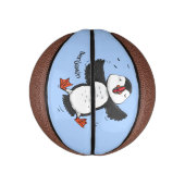 Cute happy fly puffin blue cartoon illustratie basketbal (Verticaal)