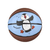 Cute happy fly puffin blue cartoon illustratie basketbal (Voorkant)