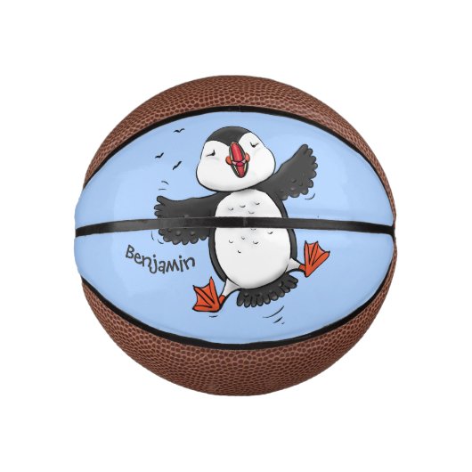 Cute happy fly puffin blue cartoon illustratie basketbal (Voorkant)