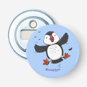 Cute happy fly puffin blue cartoon illustratie button flesopener