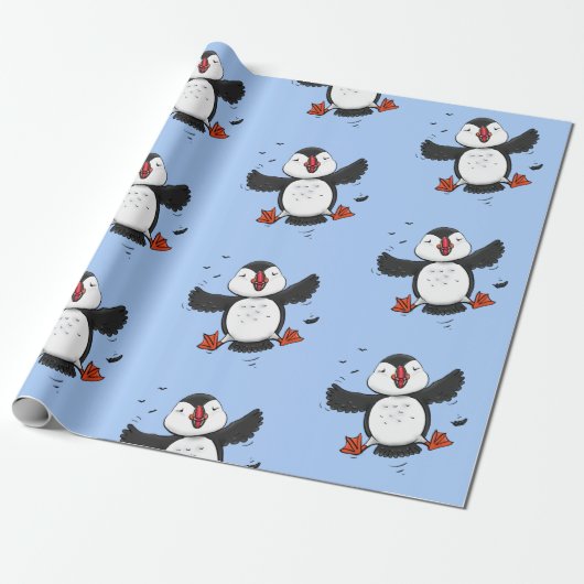 Cute happy fly puffin blue cartoon illustratie cadeaupapier (Uitgerold)