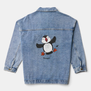Cute happy fly puffin blue cartoon illustratie denim jacket