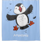 Cute happy fly puffin blue cartoon illustratie douchegordijn (Voorkant)