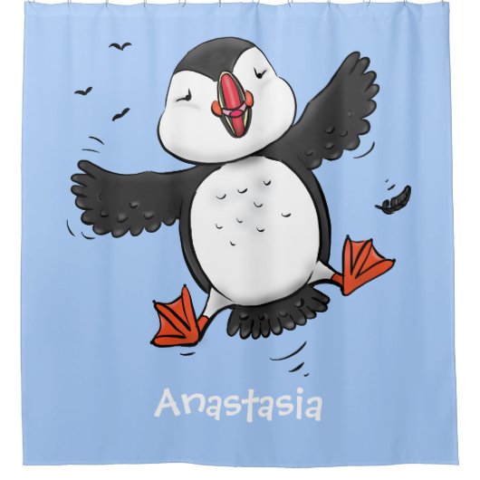 Cute happy fly puffin blue cartoon illustratie douchegordijn (Voorkant)