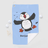Cute happy fly puffin blue cartoon illustratie golfhanddoek (Insitu)
