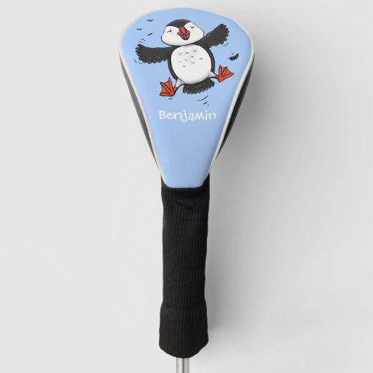Cute happy fly puffin blue cartoon illustratie golfheadcover (Voorkant)