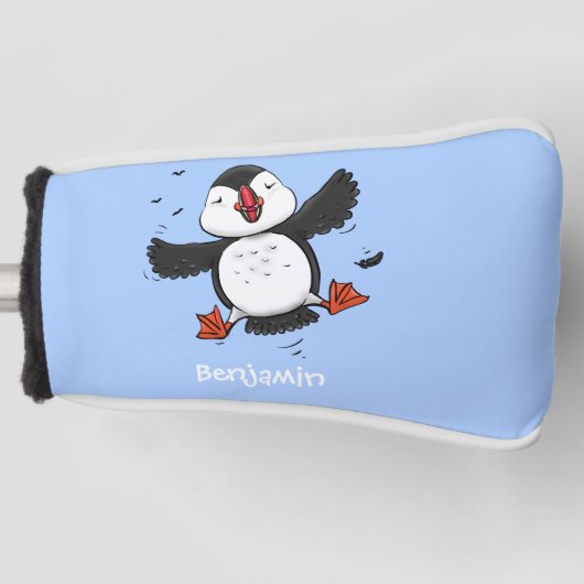Cute happy fly puffin blue cartoon illustratie golfheadcover (Voorkant)