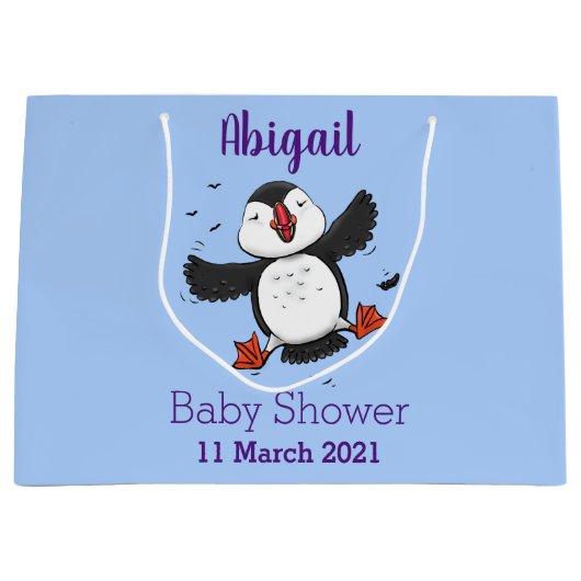 Cute happy fly puffin blue cartoon illustratie groot cadeauzakje (Voorkant)