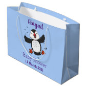 Cute happy fly puffin blue cartoon illustratie groot cadeauzakje (Achterkant Gekanteld)