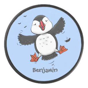Cute happy fly puffin blue cartoon illustratie hockey puck