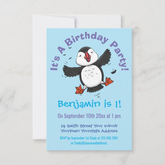 Cute happy fly puffin blue cartoon illustratie kaart (Voorkant)