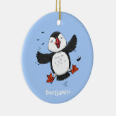 Cute happy fly puffin blue cartoon illustratie keramisch ornament (Rechts)