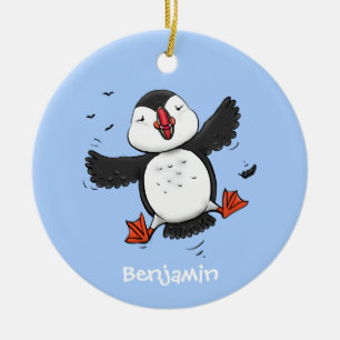 Cute happy fly puffin blue cartoon illustratie keramisch ornament