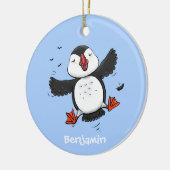 Cute happy fly puffin blue cartoon illustratie keramisch ornament (Links)