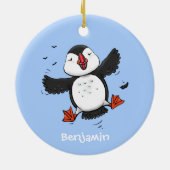 Cute happy fly puffin blue cartoon illustratie keramisch ornament (Achterkant)