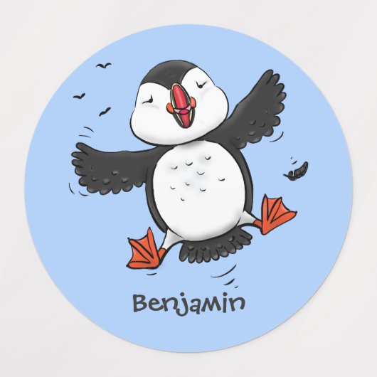 Cute happy fly puffin blue cartoon illustratie labels (Design 2)