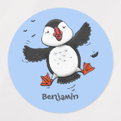 Cute happy fly puffin blue cartoon illustratie labels (Design 1)