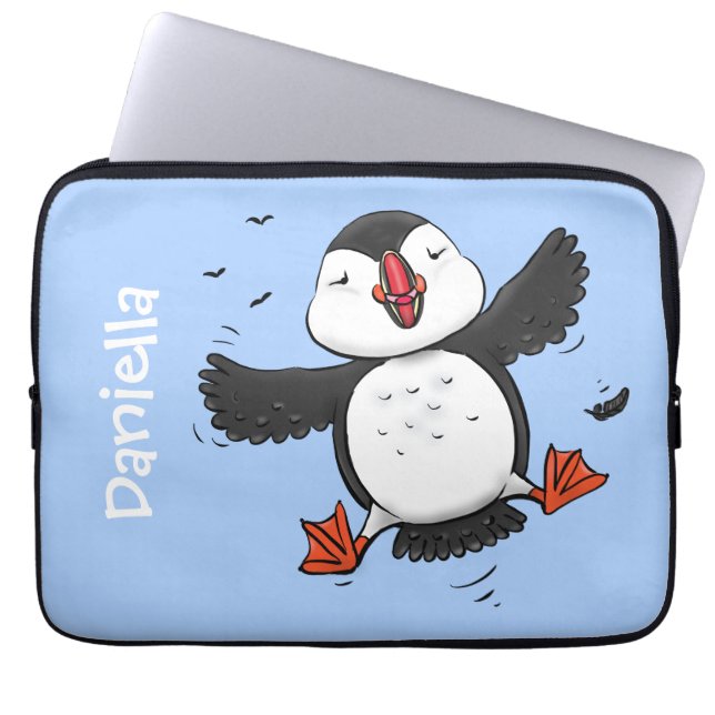 Cute happy fly puffin blue cartoon illustratie laptop sleeve (Voorkant)