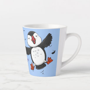 Cute happy fly puffin blue cartoon illustratie latte mok