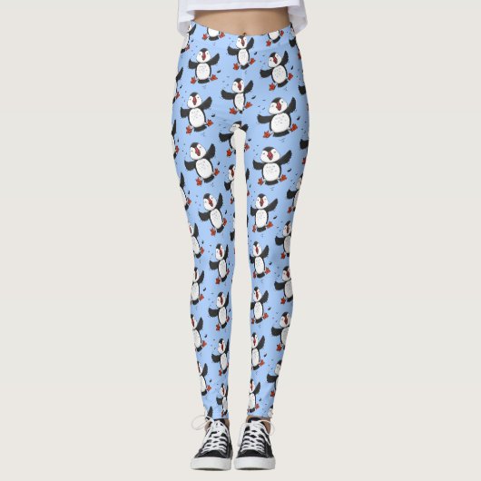 Cute happy fly puffin blue cartoon illustratie leggings (Voorkant)