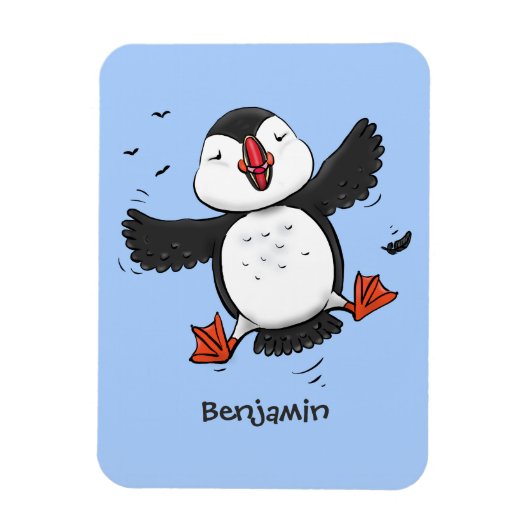 Cute happy fly puffin blue cartoon illustratie magneet (Verticaal)