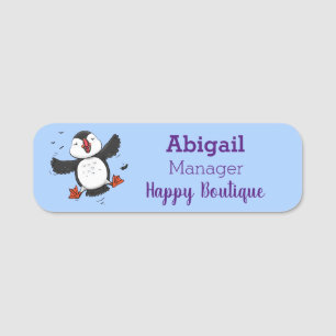Cute happy fly puffin blue cartoon illustratie naamplaatje