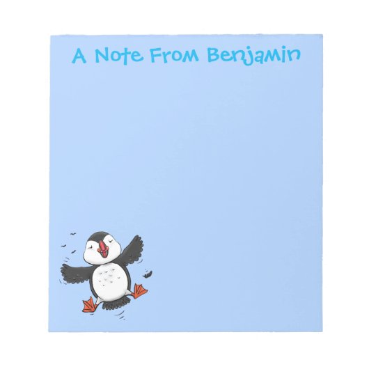 Cute happy fly puffin blue cartoon illustratie notitieblok (Voorkant)
