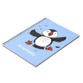 Cute happy fly puffin blue cartoon illustratie notitieboek (Linkerzijde)