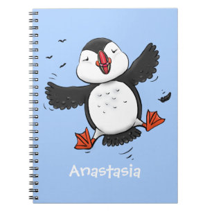 Cute happy fly puffin blue cartoon illustratie notitieboek