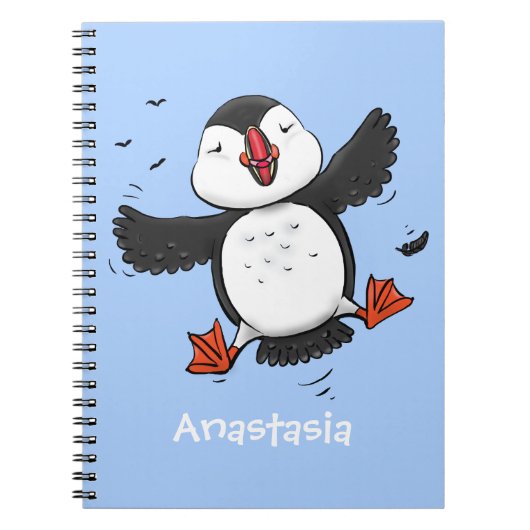 Cute happy fly puffin blue cartoon illustratie notitieboek (Voorkant)