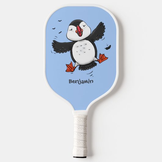 Cute happy fly puffin blue cartoon illustratie pickleball paddle (Achterkant)