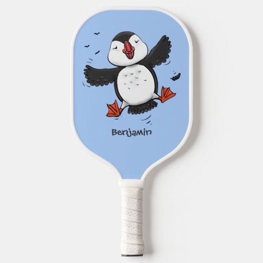 Cute happy fly puffin blue cartoon illustratie pickleball paddle (Voorkant)