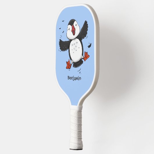 Cute happy fly puffin blue cartoon illustratie pickleball paddle (Links)