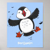 Cute happy fly puffin blue cartoon illustratie poster (Voorkant)