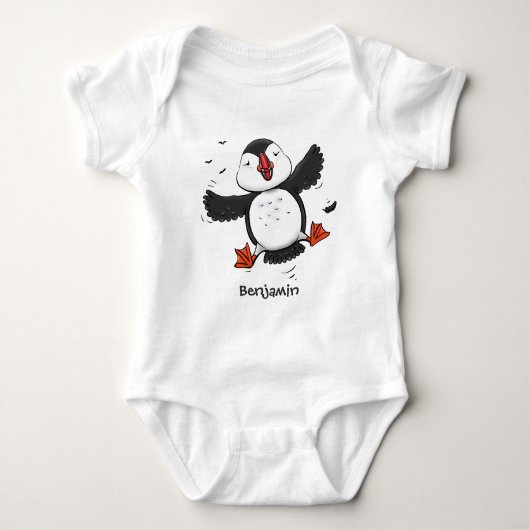 Cute happy fly puffin blue cartoon illustratie romper (Voorkant)