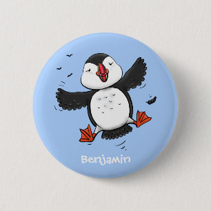Cute happy fly puffin blue cartoon illustratie ronde button 5,7 cm