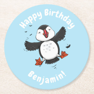 Cute happy fly puffin blue cartoon illustratie ronde kartonnen onderzetter