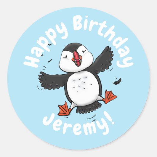 Cute happy fly puffin blue cartoon illustratie ronde sticker (Voorkant)